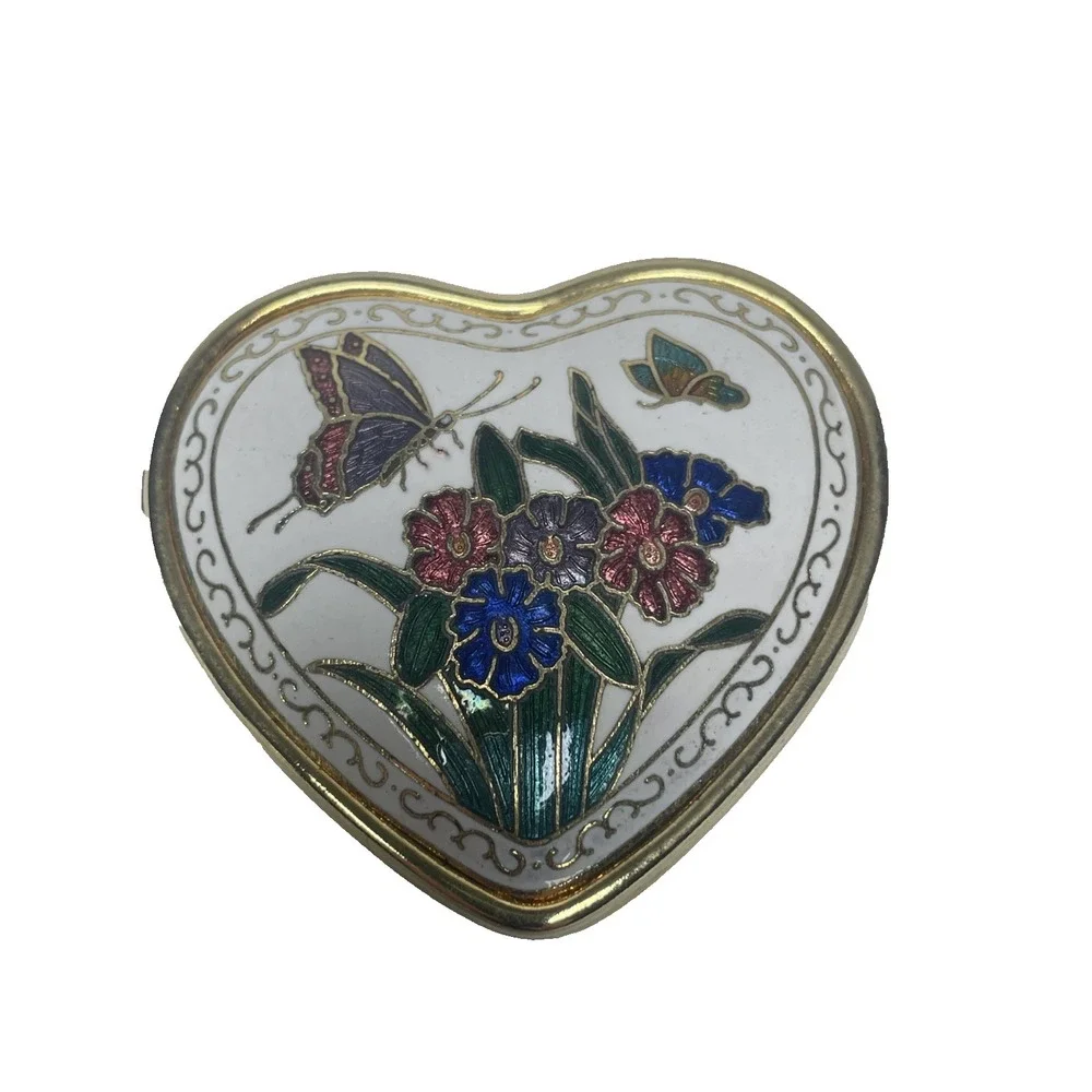VTG Cloisonné Small Hinged Trinket Pill Jewelry Box Butterfly Flower